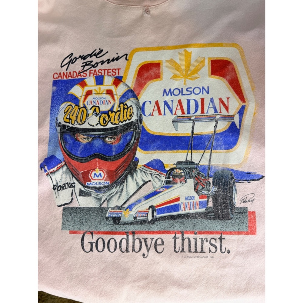 Vtg Molson Canadian Gordie Bonin‎ Canada Racing Shirt Mens L Pink Beer 1988